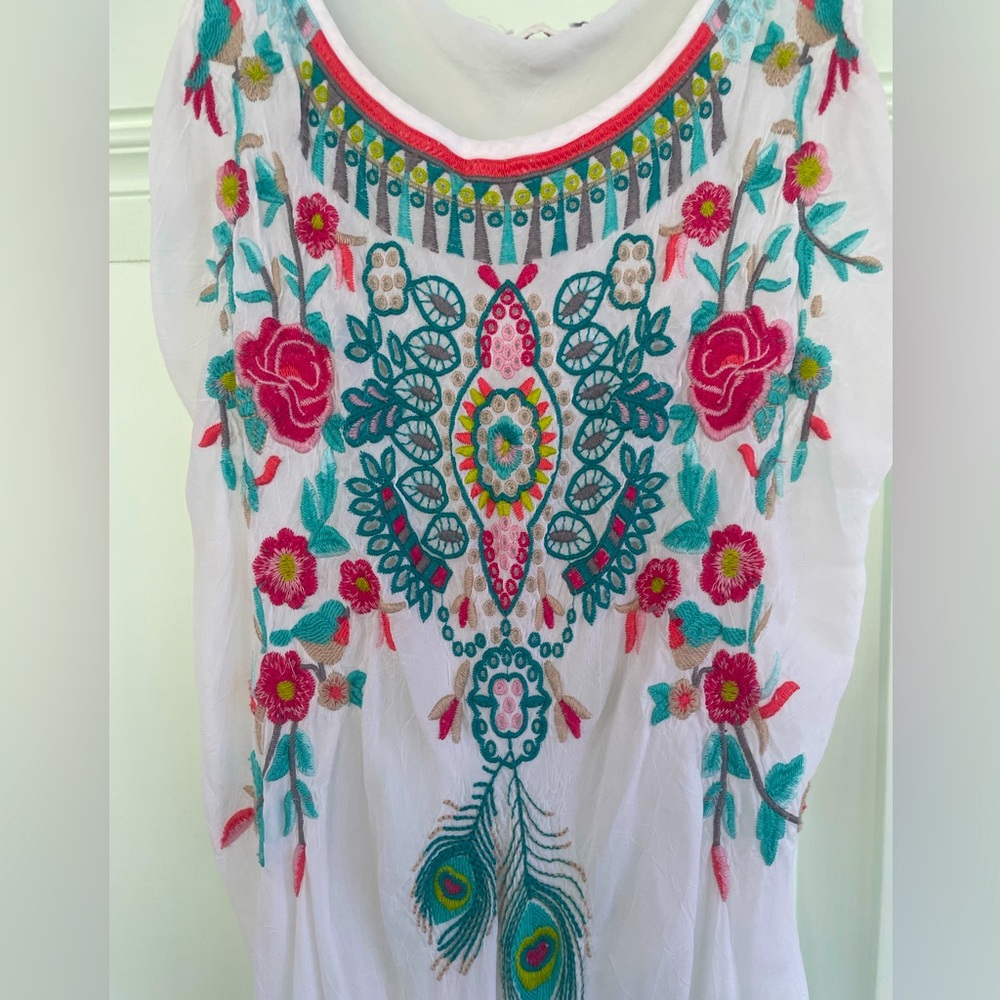 “Johnny Was” Floral Turquoise and Pink Embroidered Maxi Dress